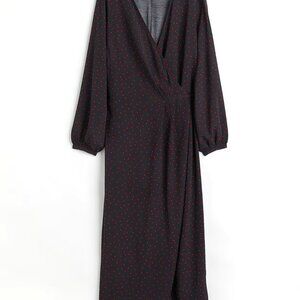 Patterned Wrap Dress, Black/Red Hearts, Calf-Length